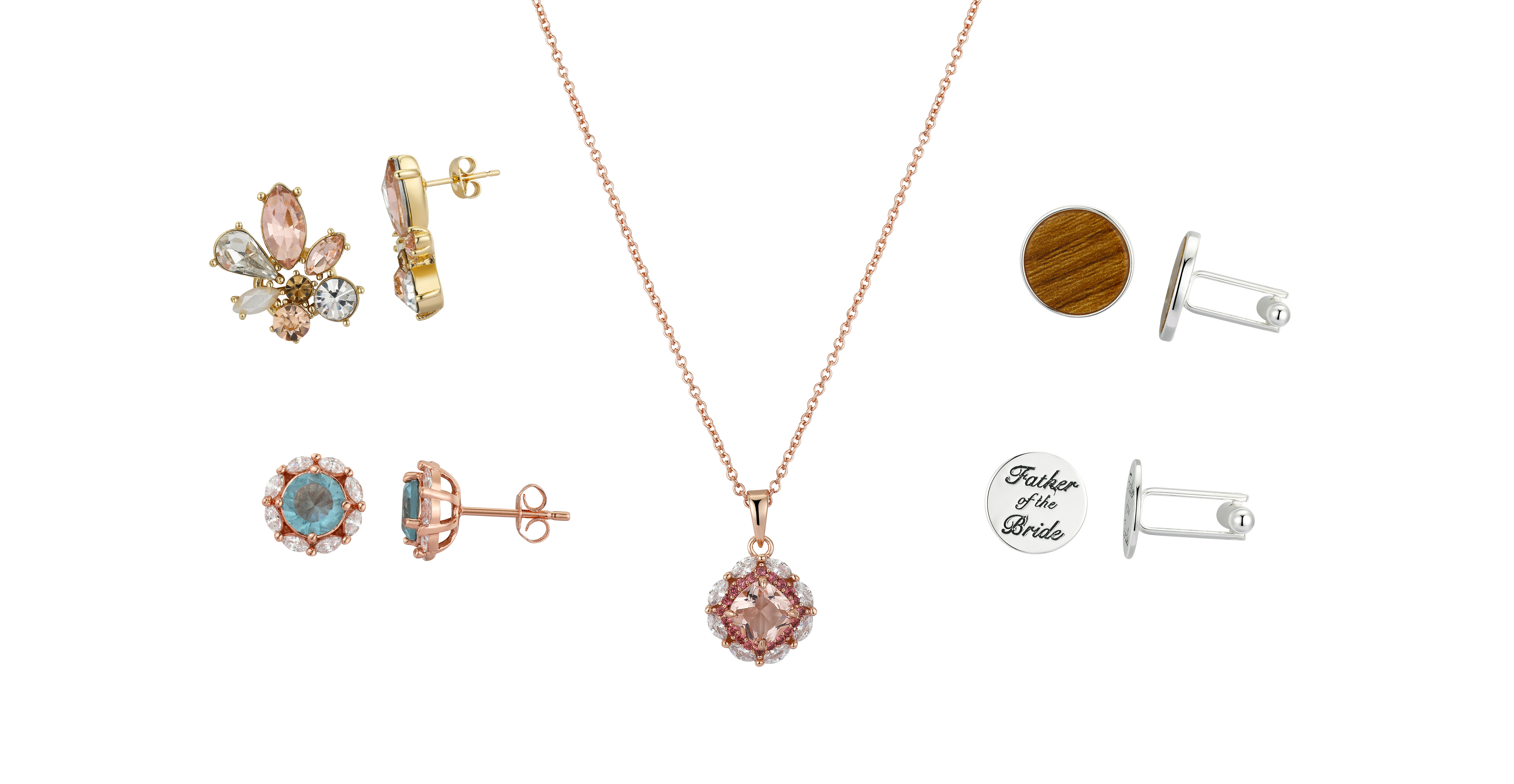 Collage of jewelry from David Tutera includes gorgeous pendant, cufflinks, and earrings.
